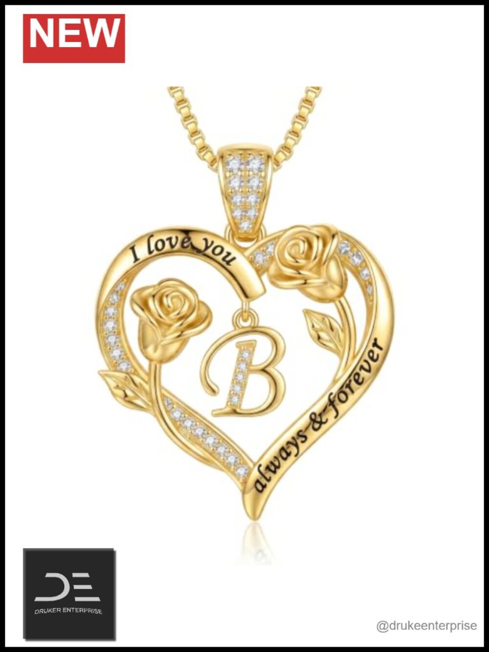 18K Gold Plated Heart Initial B Necklace with Rose Pendant Rose Flower Name